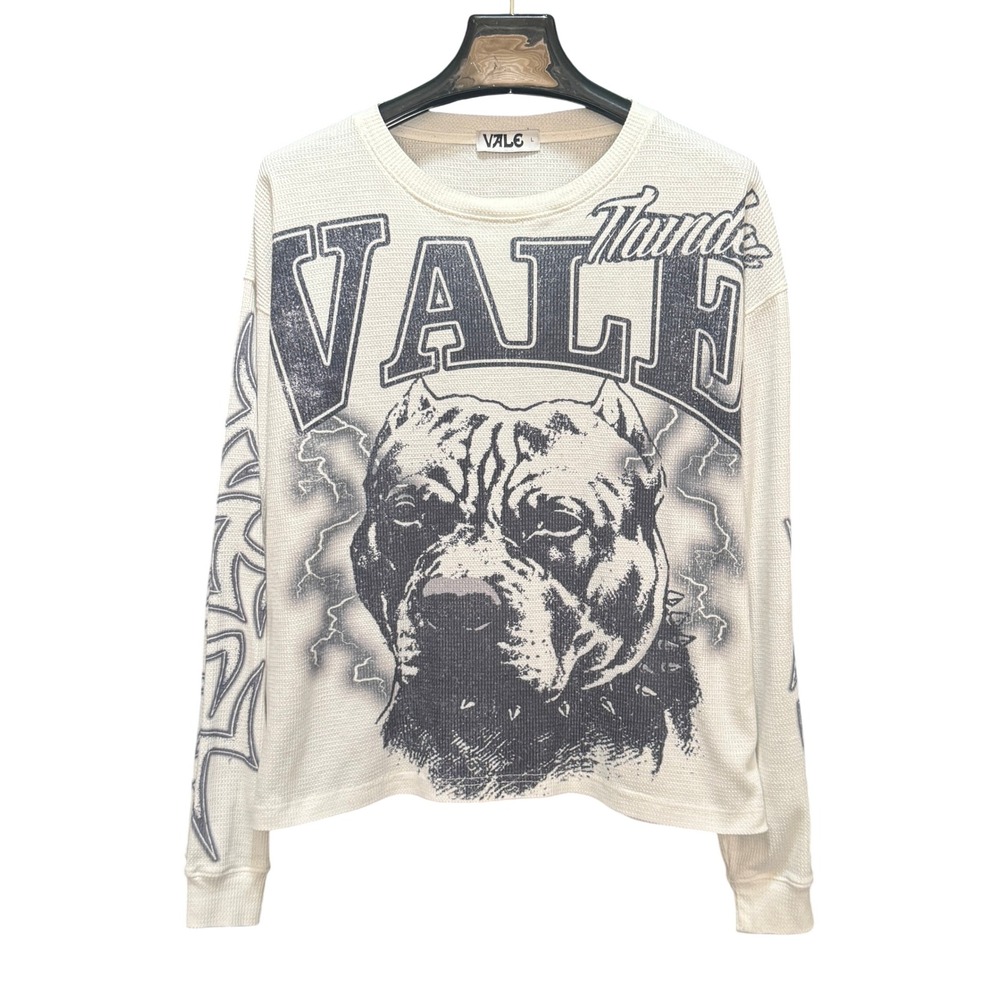 Size Large - Vale Mad Dog Thermal Longsleeve Cream Waffle Knit Pitbull